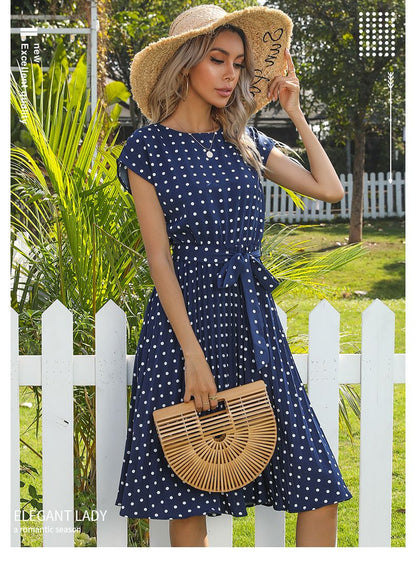 Summer Dresses For Women High Waist Midi Elegant Pleated Polka Dots Office Lady Dinner Party Vacation Dress Female Clothing Robe