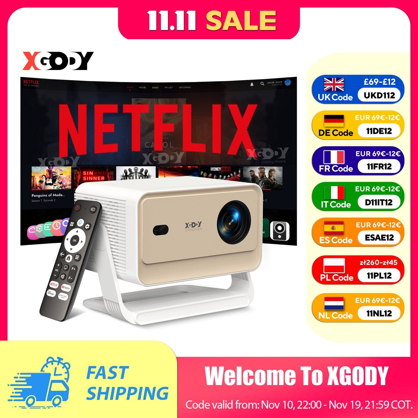 Projetor XGODY N6/N6 Pro Netflix Oficialmente 4K Controle de Voz Smart Android TV Whale OS 8/32GB ROM para Home Theater de Filmes