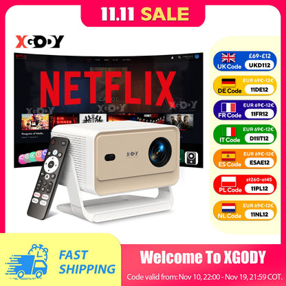 Projetor XGODY N6/N6 Pro Netflix Oficialmente 4K Controle de Voz Smart Android TV Whale OS 8/32GB ROM para Home Theater de Filmes