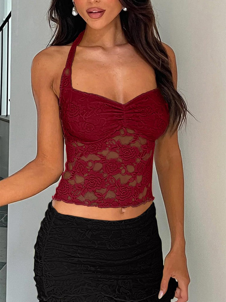 2025 Spring and Summer New Women's Y2K Style Sleeveless Sexy Slim Lace T-shirt Lace Tie Solid Color Vest Top