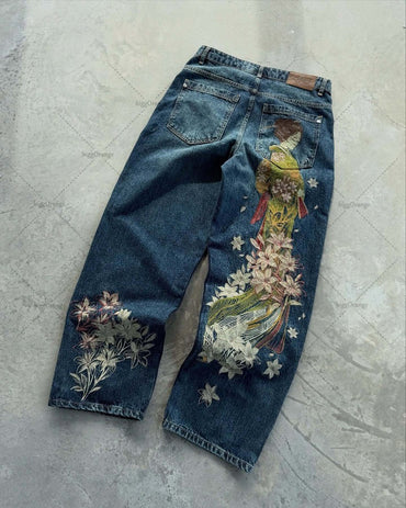 New European and American Trendy Streetwear Trousers Y2K Harajuku Retro Blue Baggy Jeans Wome Casual High-waisted Straight Pants