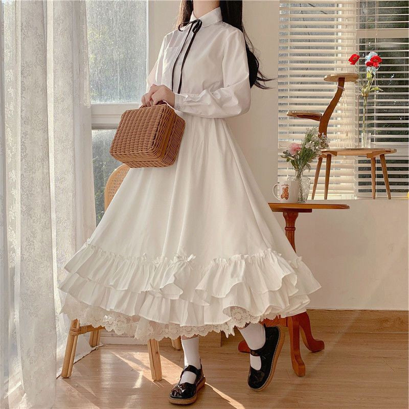 Fashion Sweet Midi Skirt Women Lace Patchwork Bow Preppy Fall Loose Casual Skirts Japanses Ruffle High Waist Solid Chic Skirt