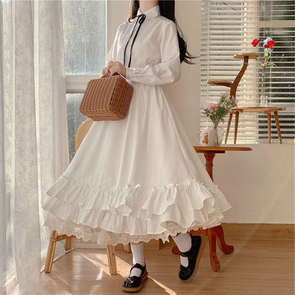 Fashion Sweet Midi Skirt Women Lace Patchwork Bow Preppy Fall Loose Casual Skirts Japanses Ruffle High Waist Solid Chic Skirt