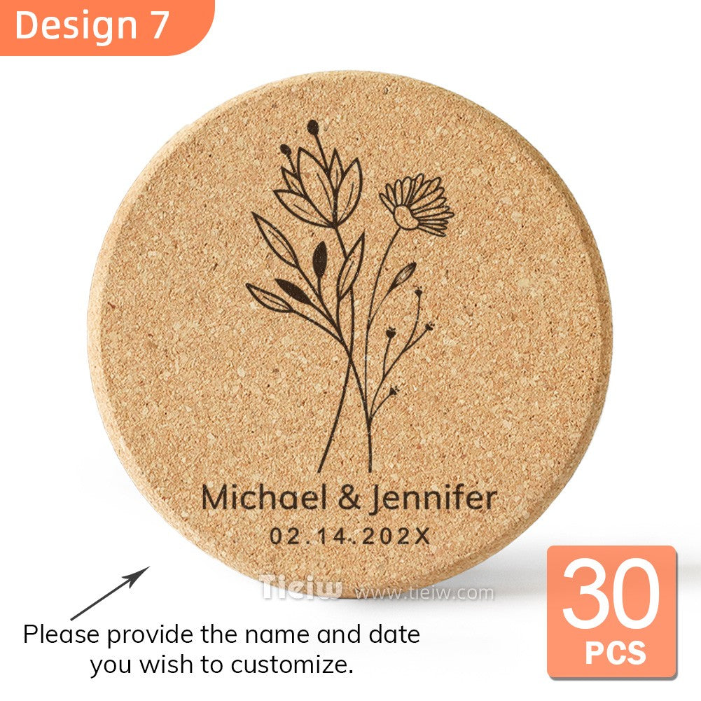 30pcs Personalized Cork Coasters-Tieiw Design-Wedding Favor for Guests Party Bridal Shower Corporate Engraved Coaster Gifts Bulk