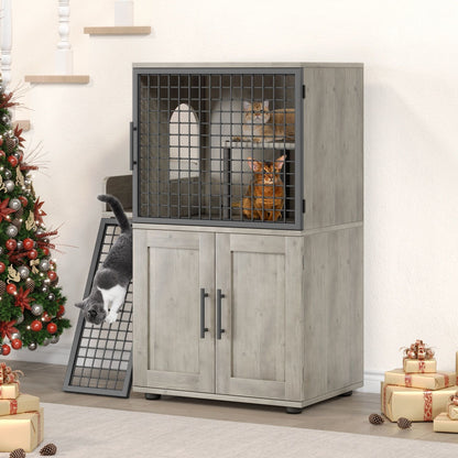 Caixa de Areia para Gatos Oculta com Plataforma, Móvel para Gatos de Camada Dupla, Móvel para Banheiro de Gatos, Casinha de Gatos com Escada
