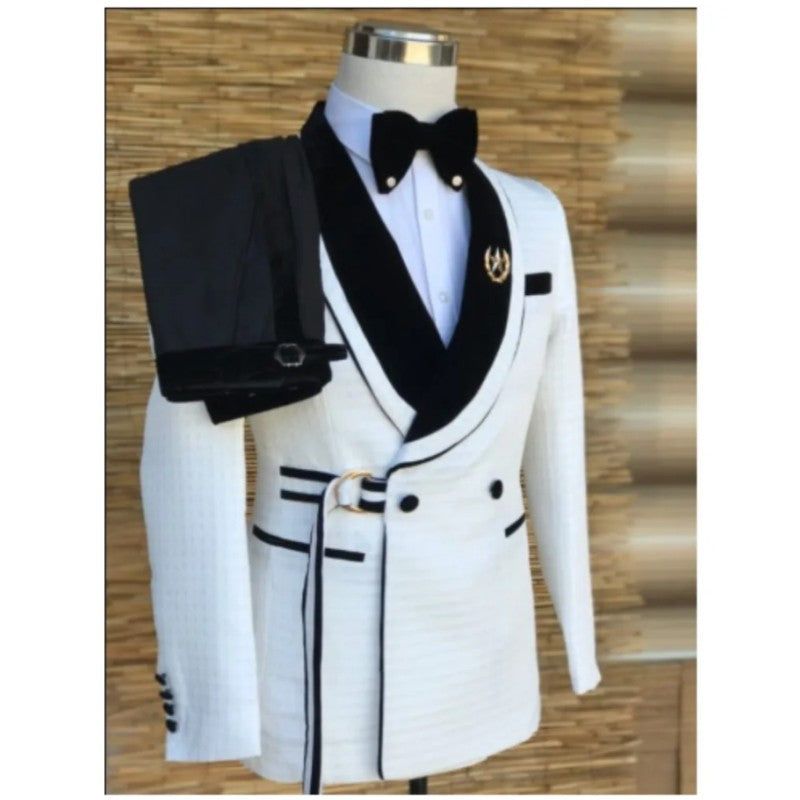Latest Design Men Suits With Buckle Shawl Lapel Party Groom Tuxedo Wedding Male Suit Custom Causal Jacket Black Solid Pant