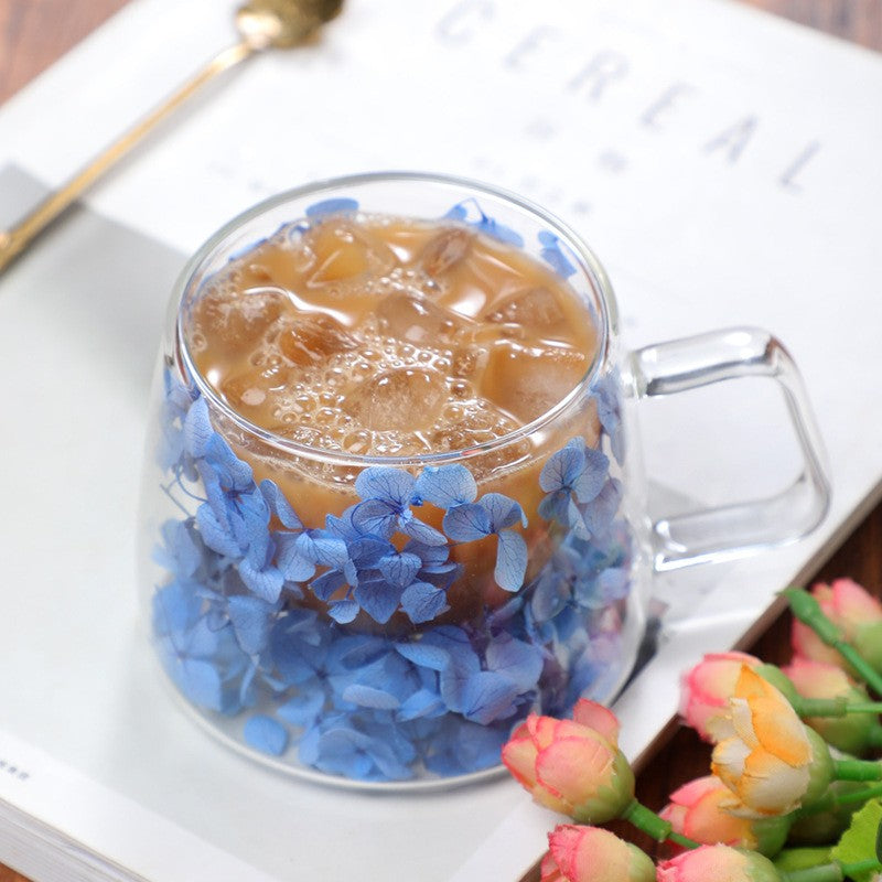 Copo de Vidro de Parede Dupla 200ml Transparente com Padrão de Flores Caneca de Chá Leite Café com Alça Presente para Amigos Copo de Água para Casa
