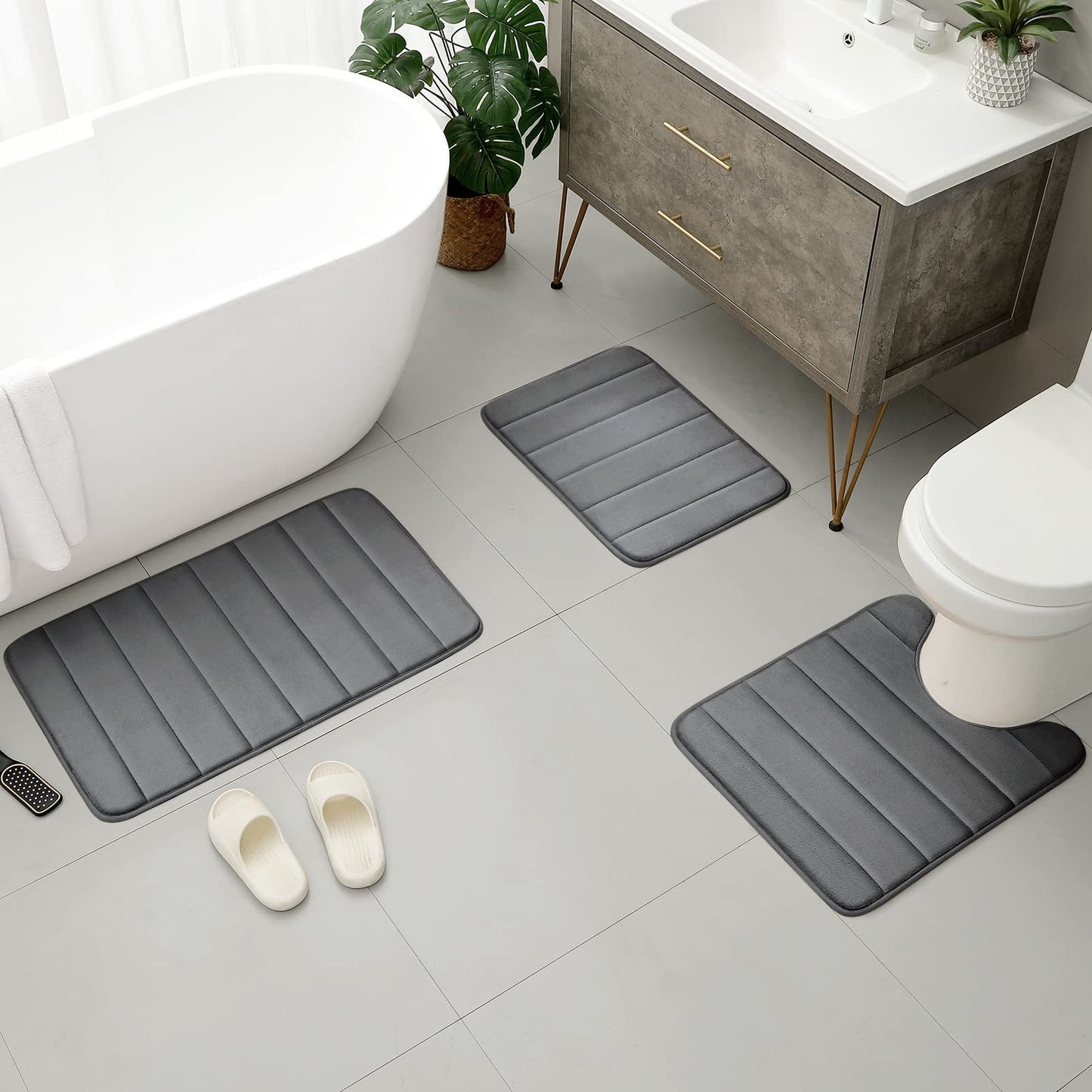 Velvet Memory Foam Bathroom Rug Set Of 3 Water Absorption Non Slip Extra Soft Bath Mats Machine Washable&Dry Toilet Floor Mat