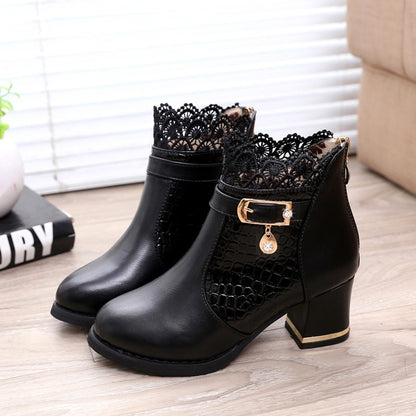 Women'S Ladies Boots Fall Winter Vintage Leather Lace Short Boots Shoes Women'S Fashion Lace Trim Boots Mid-Heeled Boots