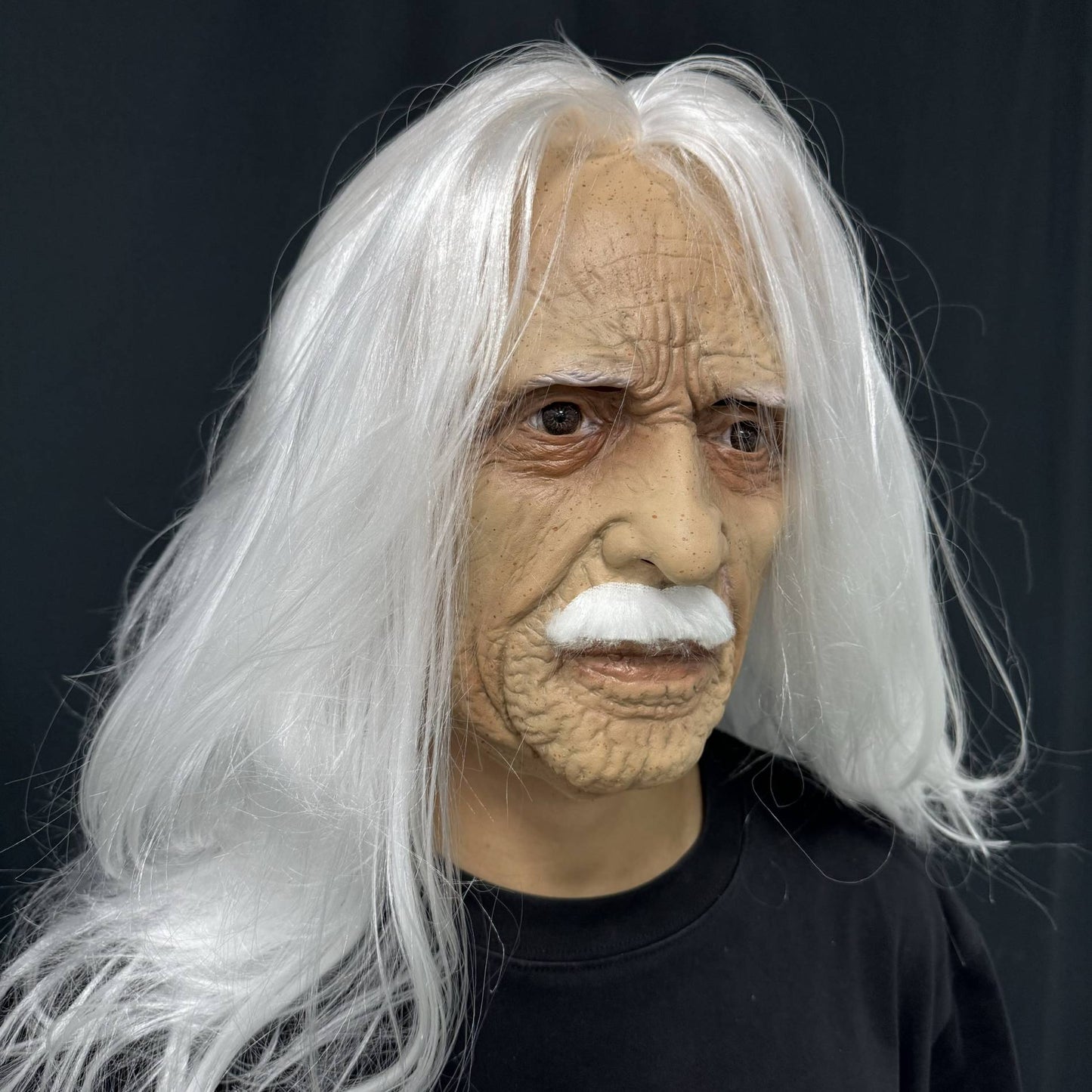 Realistic Old Man Latex Mask with Long White Hair & Mustache – Full Head Cosplay Helmet for Halloween Costume Party Props