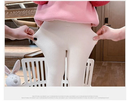 1-6Y Fleece Lined Leggings for Girls Winter Warm Bear Patch Elastic Pants Soft Kids Trousers Teenage Girls Clothing