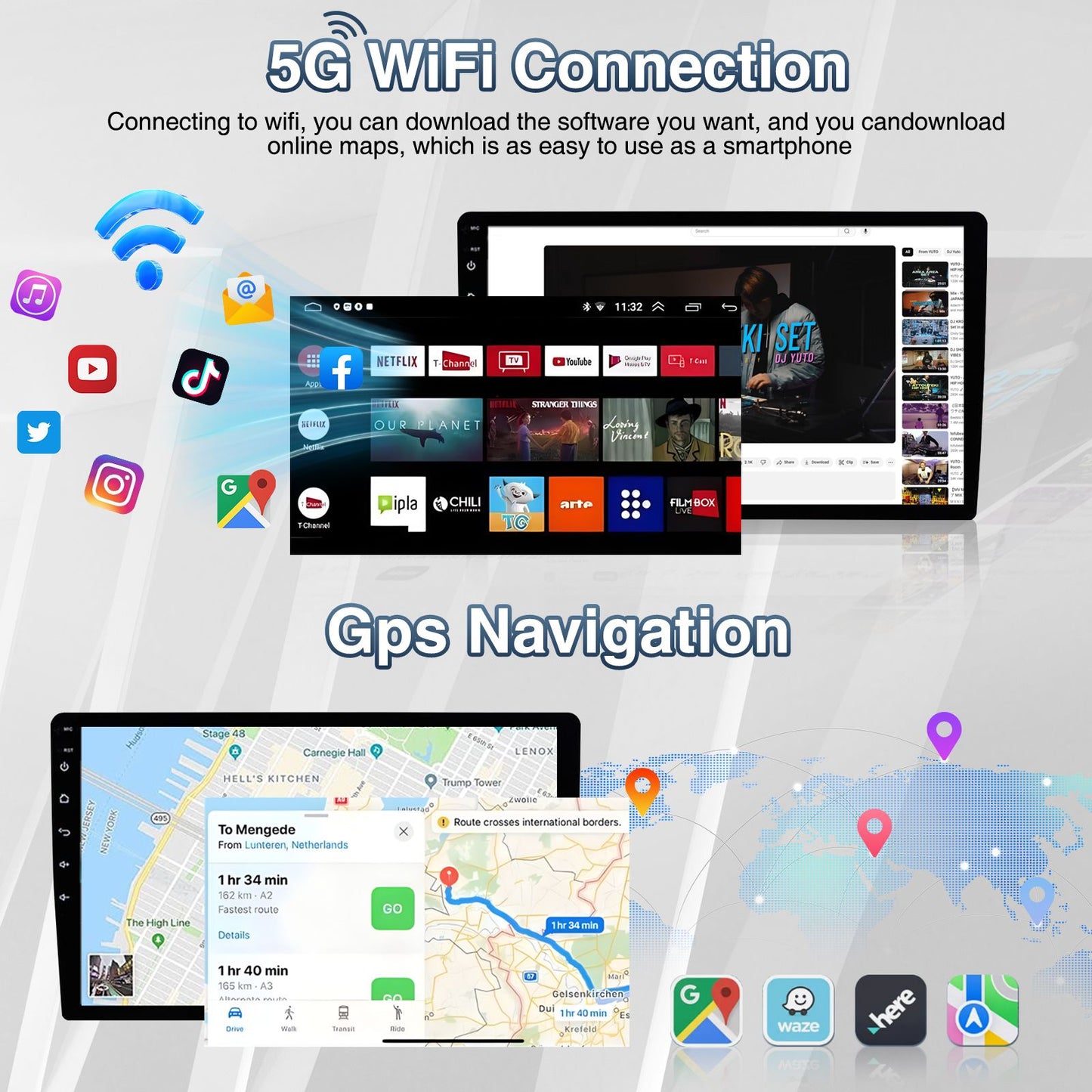Central Multimídia Automotiva Android 13 de 10,1 polegadas com Tela Dupla 2 DIN, Bluetooth, GPS, Wifi, Reprodutor MP5, 1+16GB com CARPLAY Automático e CarPlay Sem Fio