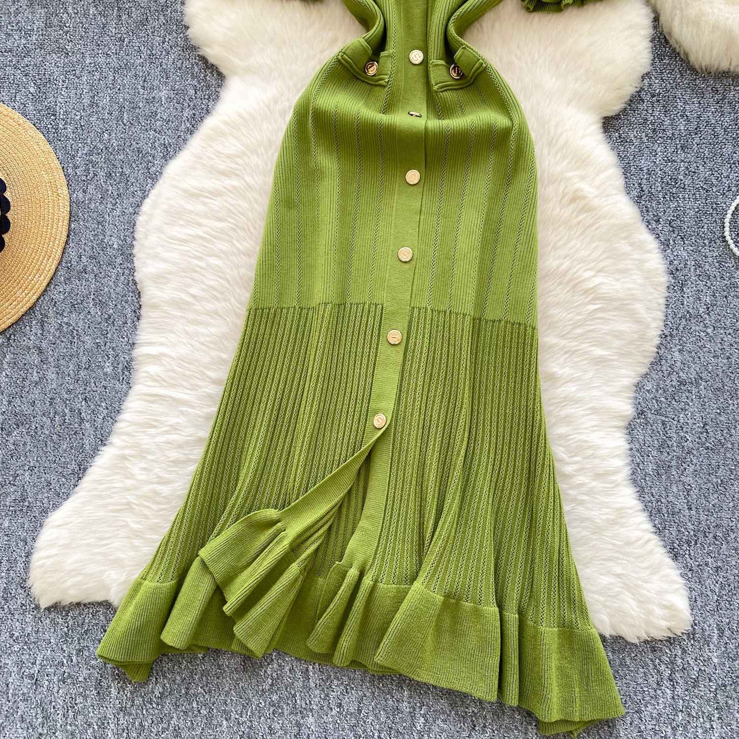 SINGREINY Summer OL Knit Dress 2025 Women V Neck Button Design Slim Mermaid Sund
