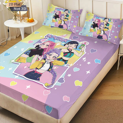 Conjunto de Lençóis Sem Lascas Estampado K-Pop Demon Hunters de 3 Peças Vários Tamanhos Macio Capa de Cama Decoração de Quarto Lavável à Máquina