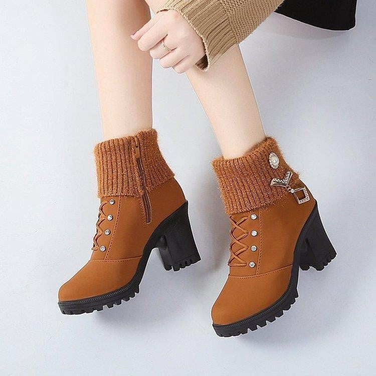 Women's Designer High Heels Shoes 2023 Winter New Warm Non-slip Block Cow Suede Warm Snow Boots Fashion Crystal Plush Goth Botas
