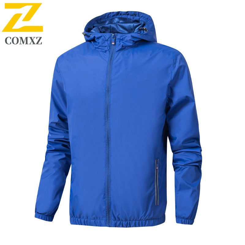 2025 Autumn Windproof Jacket Men's Trendy Solid Color Zipper Pocket Windbreaker Coat Casual Camping Jogging Loose Hooded Jackets