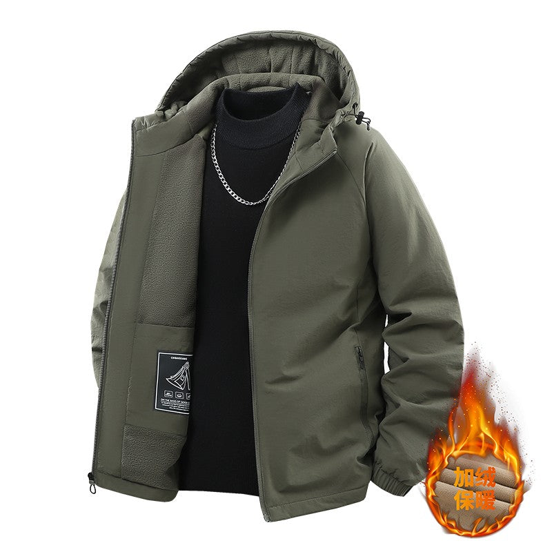 Jaqueta de Pesca Masculina Externa Capuz Larga Forro Polar Grosso Casaco Outono Inverno Jaqueta Casual Simples Versátil Casaco Acolchoado de Algodão
