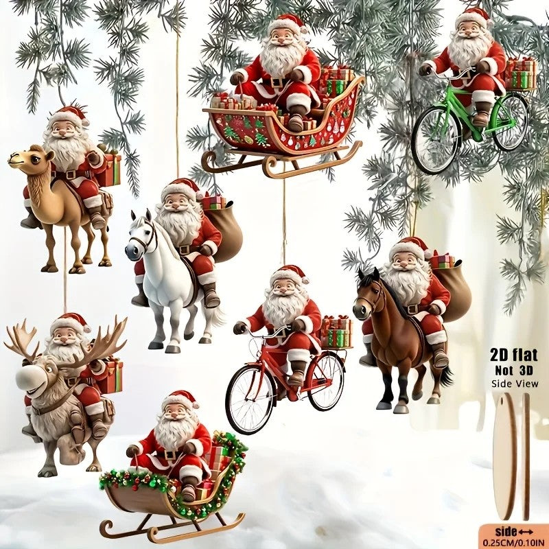 8pcs Different Riding Tools 2D Flat Santa Claus Wooden Ornament Set - Perfect for Holiday Home Decorations and Christmas Trees