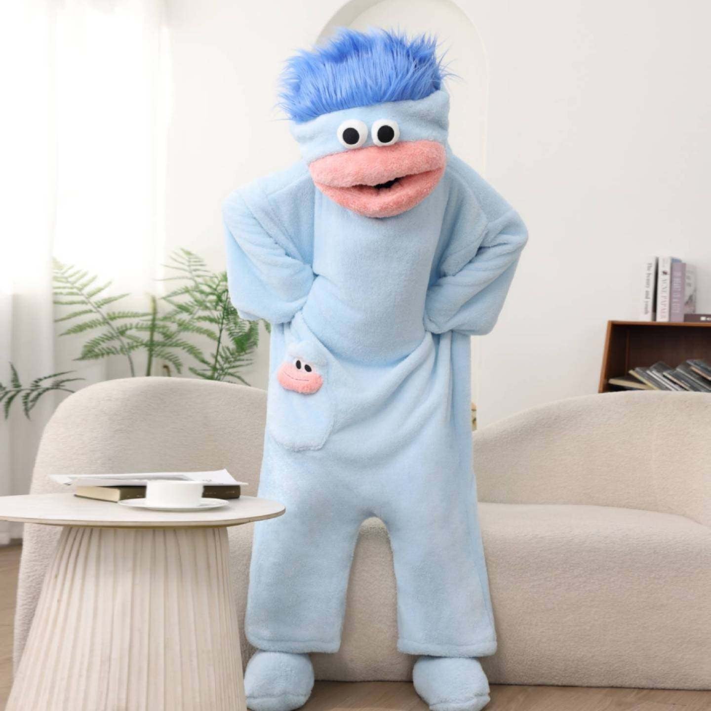 Funny Big Mouth Monster Onesie Pajamas Fluffy Coral Fleece Hooded Loungewear with Pocket Cartoon Party Costume