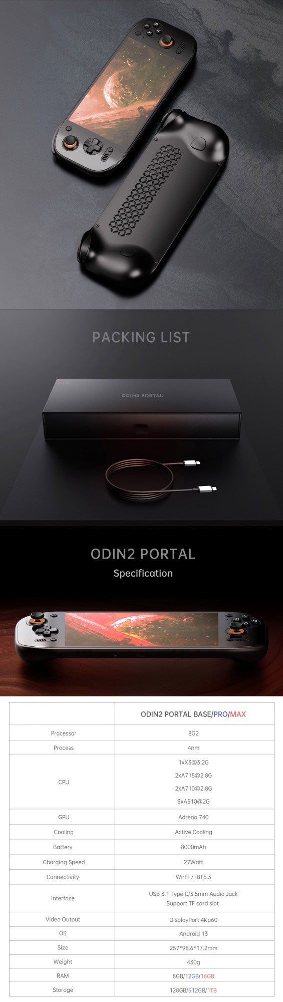 AMPOWN AYN Odin 2 Portal Handheld Game Players 7-Inch OLED 8Gen2 8000mAh Android 13 Portable Retro Video Game Custom Wireless