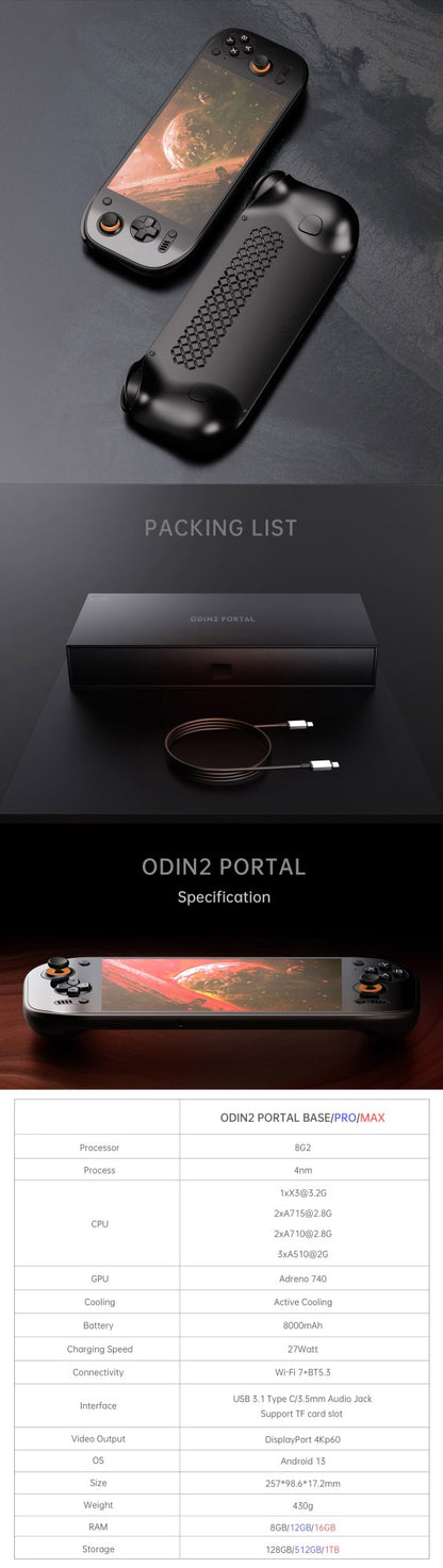 AMPOWN AYN Odin 2 Portal Handheld Game Players 7-Inch OLED 8Gen2 8000mAh Android 13 Portable Retro Video Game Custom Wireless