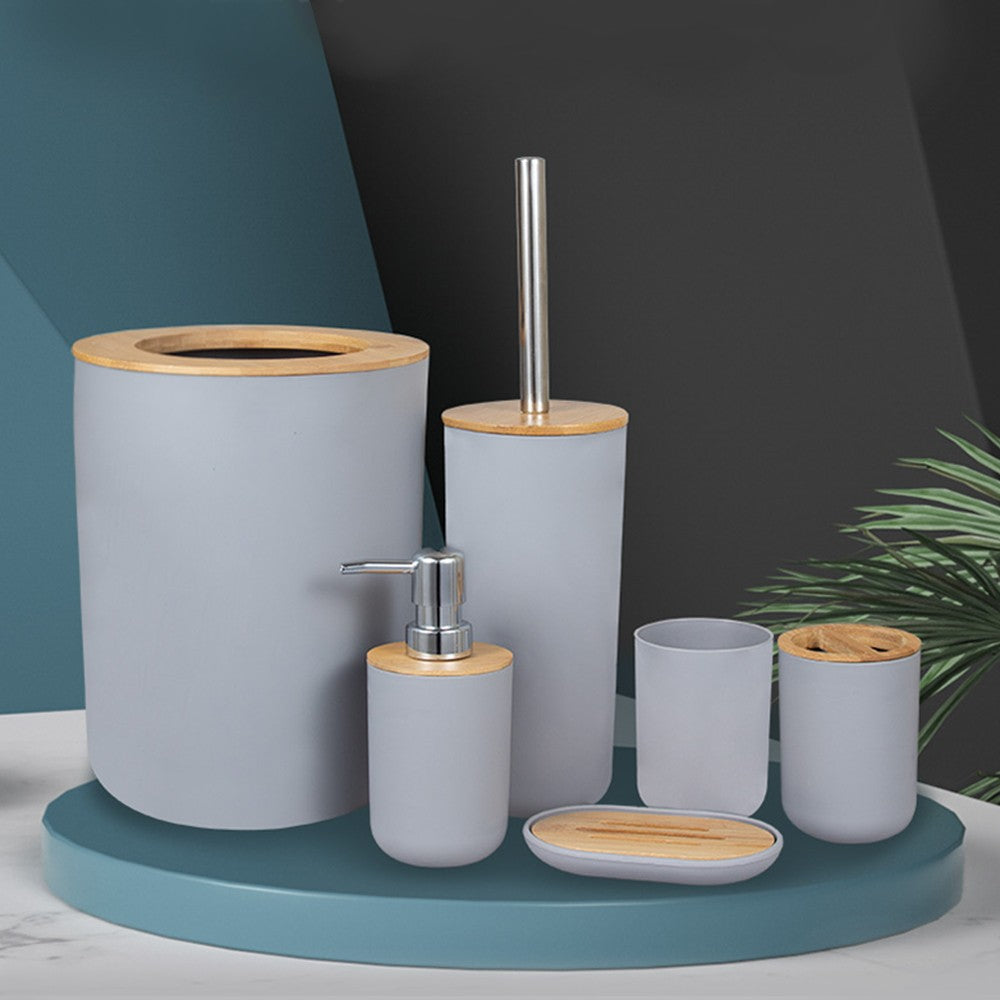 6 peças/conjunto caixa dispensadora de sabonete escova sanitária garrafa de loção lata de lixo bambu plástico conjunto de armazenamento de banheiro suporte para escova de dentes e copo