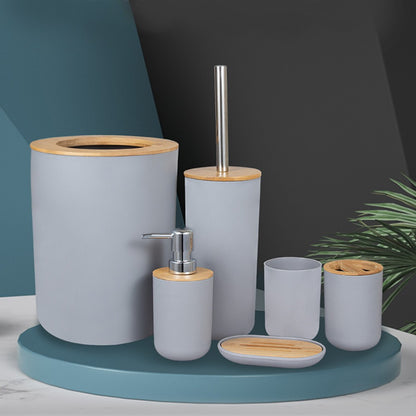 6 peças/conjunto caixa dispensadora de sabonete escova sanitária garrafa de loção lata de lixo bambu plástico conjunto de armazenamento de banheiro suporte para escova de dentes e copo