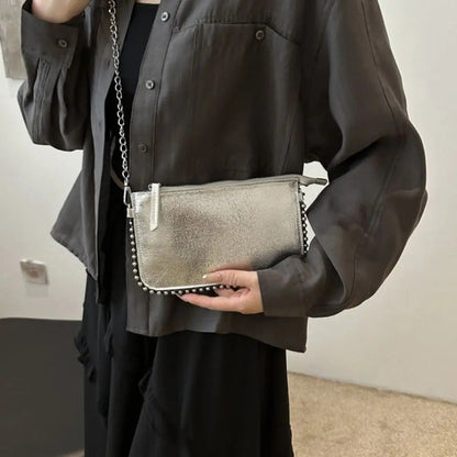 Street Pu Leather Underarm Tote Bag Rivet Korean Style Vintage Shoulder Bag Chain Strap Square Luxury Handbag Outdoor