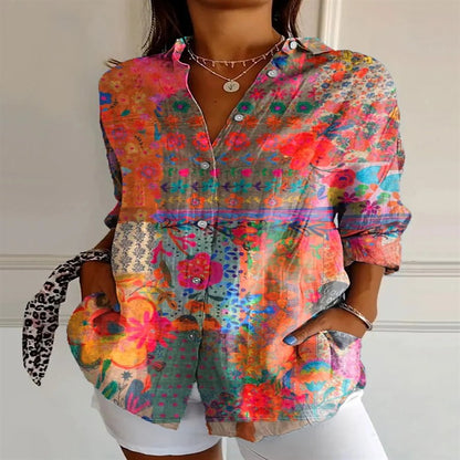 2025 New Retro Floral Art Print Casual Linen Shirt Fashionable Pretty Shirt Fast Shipping