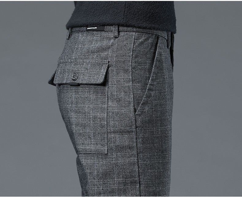 Autumn Winter New Fleece Thickened Casual Pants Men Business Straight Slim Plaid Pants Black Gray Men's Warm Trousers