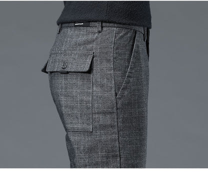 Autumn Winter New Fleece Thickened Casual Pants Men Business Straight Slim Plaid Pants Black Gray Men's Warm Trousers