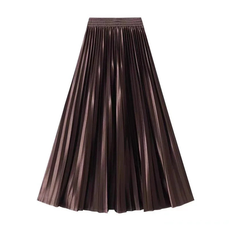 High Waist Satin Pleated Skirt 1 Meter Long Floor Length Pearl Glitter A- Line Umbrella Half Body Skirts Polyester Fiber