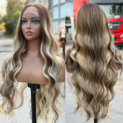 13X4 Lace Frontal Synthetic Body Wave Wigs Ombre Brown Heat Resistant Fiber Blond Swiss Transparent Lace Front Wigs For Women