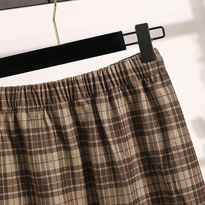 Plus Size Skirt Women 2024 Autumn Winter High Elastic Waist A Line Gray Or Khaki Plaid Skirt Korean Casual Long Skirts Womens