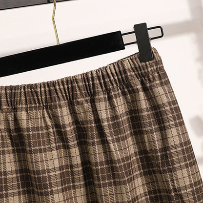 Plus Size Skirt Women 2024 Autumn Winter High Elastic Waist A Line Gray Or Khaki Plaid Skirt Korean Casual Long Skirts Womens