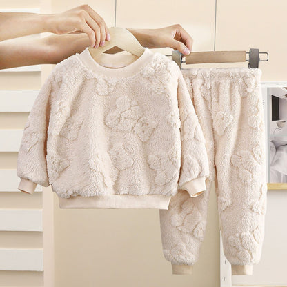 Conjunto de Pijama Infantil Quente Outono e Inverno Meninos e Meninas Roupas Grossas para Casa Roupas de Bebê de Pelúcia Roupas Infantis