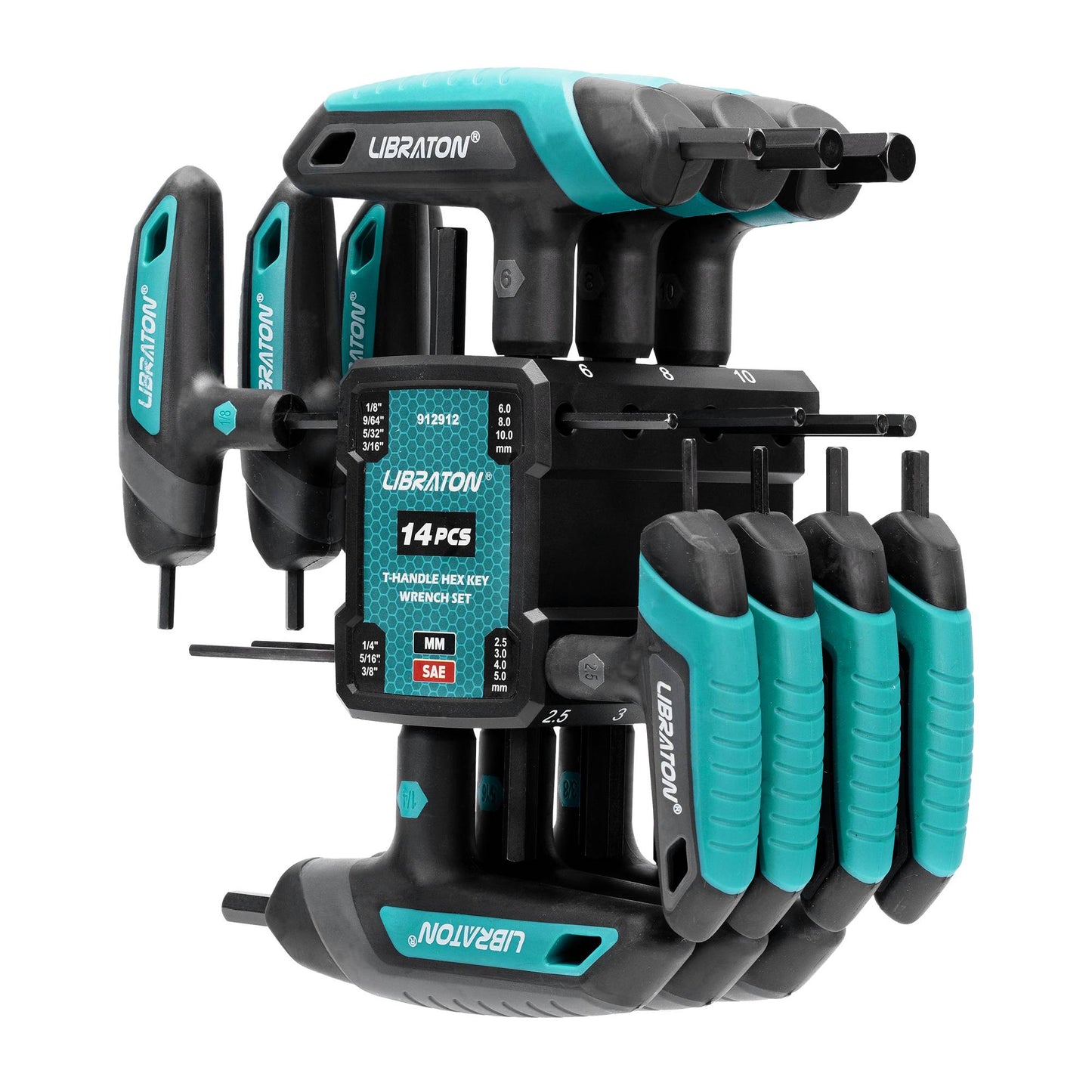LIBRATON Jogo de Chaves Hexagonais Allen em T, 14 Peças Métricas e SAE, Ferramenta para Reparo Automotivo e Bicicletas, com Suporte de Armazenamento, Design com Duas Pontas