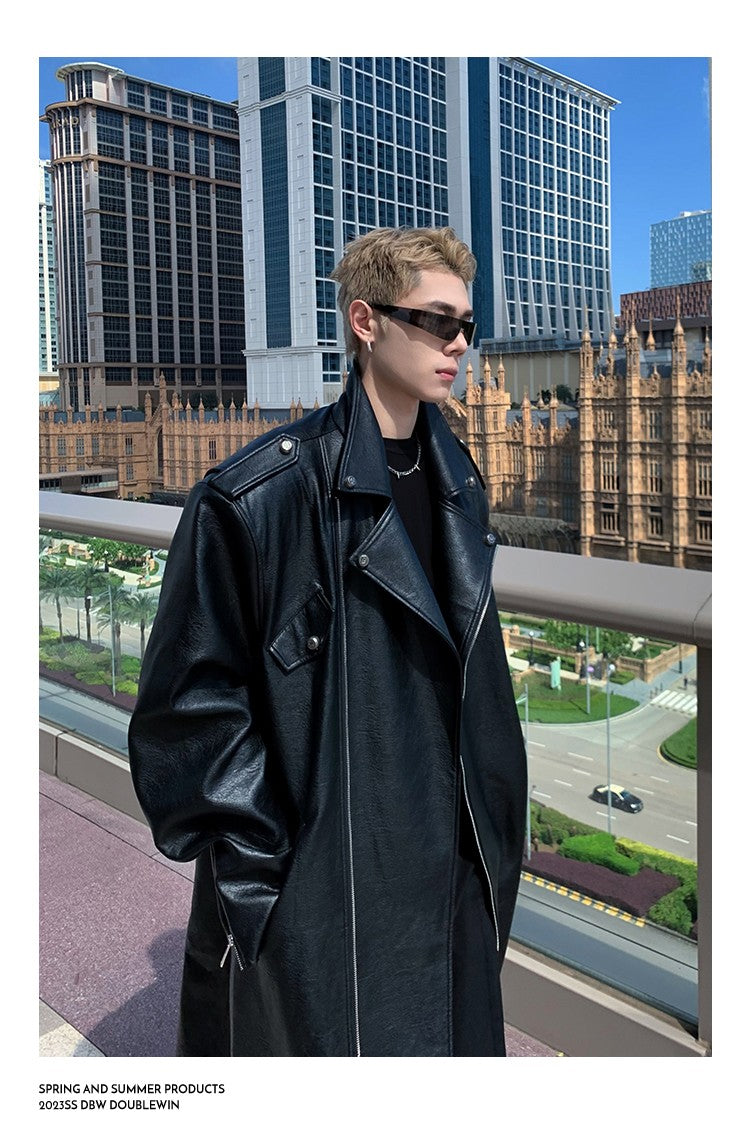 Mauroicardi Spring Autumn Oversized Cool Extra Long Black Pu Leather Trench Coat Men Zipper Loose Luxury European Fashion 2023