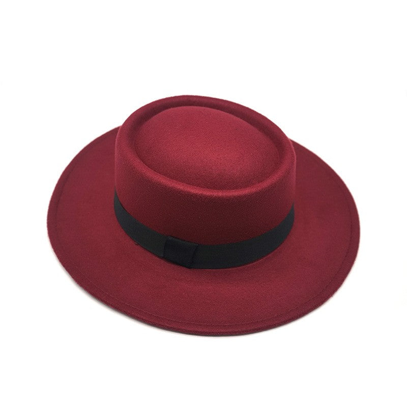 Red fedora hat men's flat top hat ladies felt jazz hat oval hat Panama new hip-hop fedora hat flat brim wholesale