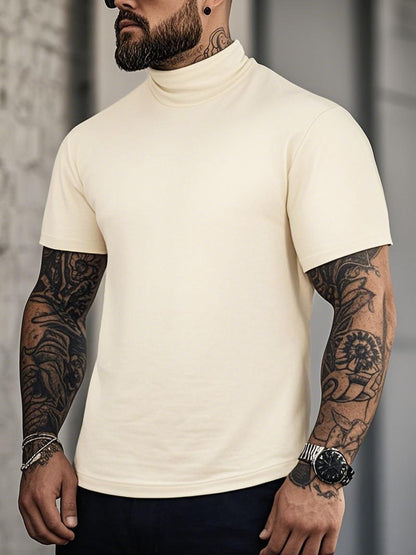 New Bottom Shirt Tees Tops Men Summer Casual Sports Workout Daily Plain High Neck Short Sleeve T-shirt Male Streetwear Clothes