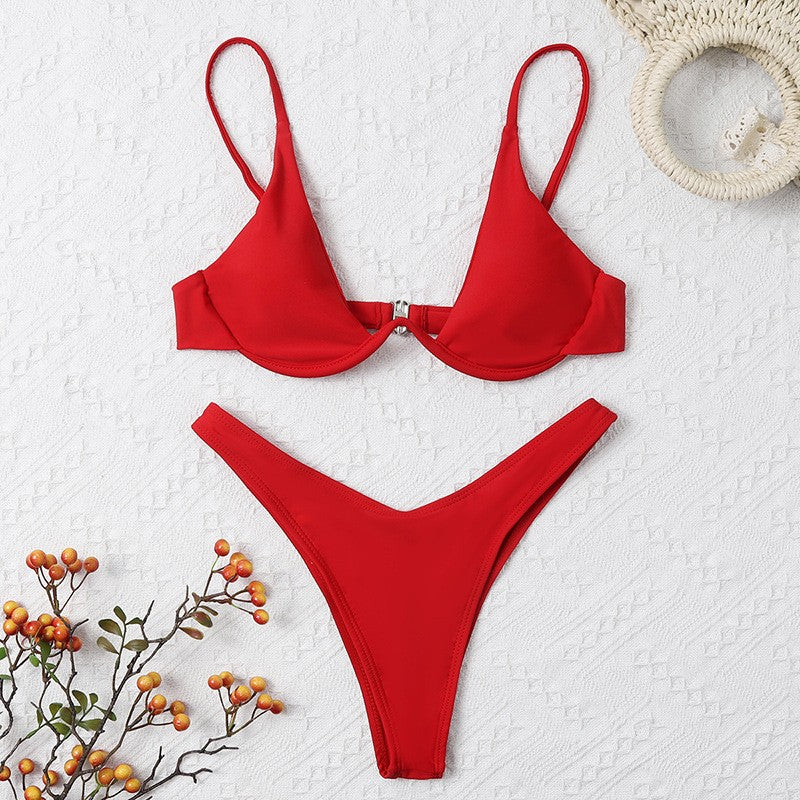 Sexy Underwire Bikini 2025 Mujer Women Solid Red Push Up Bra Thong Swimsuit Haler V Neck Bathing Suit Mini Micro Thong Swimwear