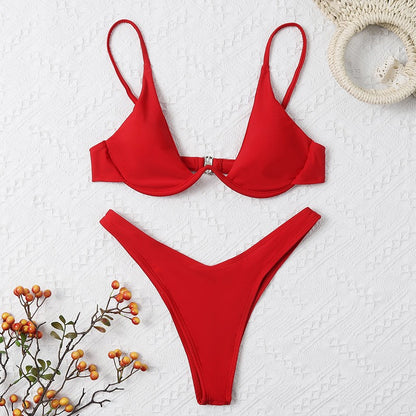 Sexy Underwire Bikini 2025 Mujer Women Solid Red Push Up Bra Thong Swimsuit Haler V Neck Bathing Suit Mini Micro Thong Swimwear
