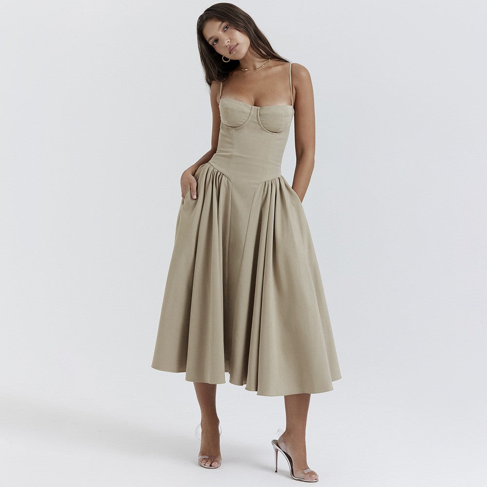 Summer Women Elegant Sleeveless Backless Pleated Dresses Lady Sexy Solid Sling M