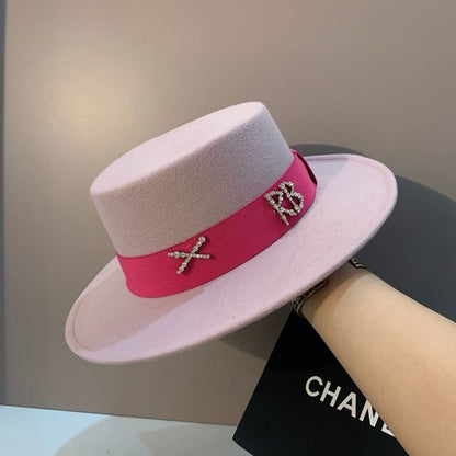 2022 new oversized edge flat top hat retro French felt hat outdoor sun hat women's big-brimmed fedora hat