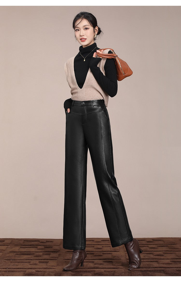 ZUZK Winter Pu Leather Pants New Elastic Waist Straight Pants PU Leather Trousers Large Size Fashion Warm Long Pants
