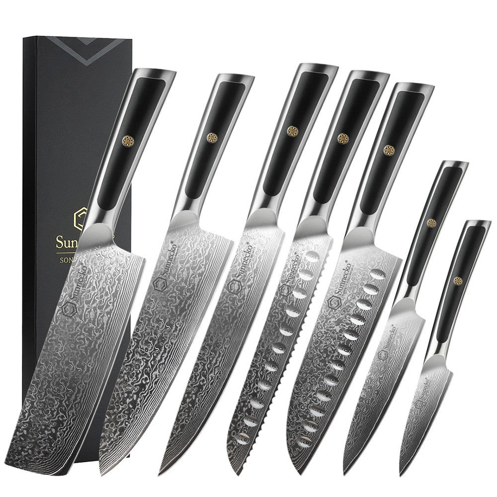 Facas de chef Sunnecko Damascus 1-7 peças/conjunto Faca de corte de carne de aço VG10 de alto carbono Faca de cozinha de corte utilitária ultra afiada
