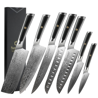 Facas de chef Sunnecko Damascus 1-7 peças/conjunto Faca de corte de carne de aço VG10 de alto carbono Faca de cozinha de corte utilitária ultra afiada