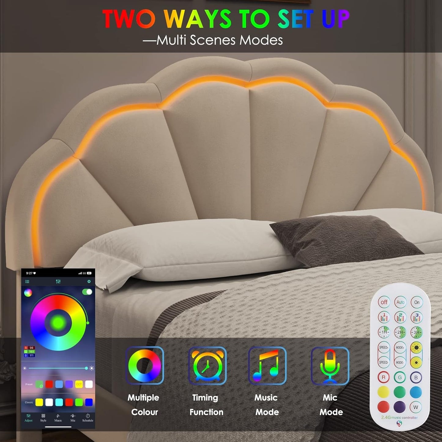 Base de Cama Estofada Inteligente com LED e Cabeceira Ajustável em Pétala Chique, Camas de Plataforma de Tamanho Casal Princesa para Cri