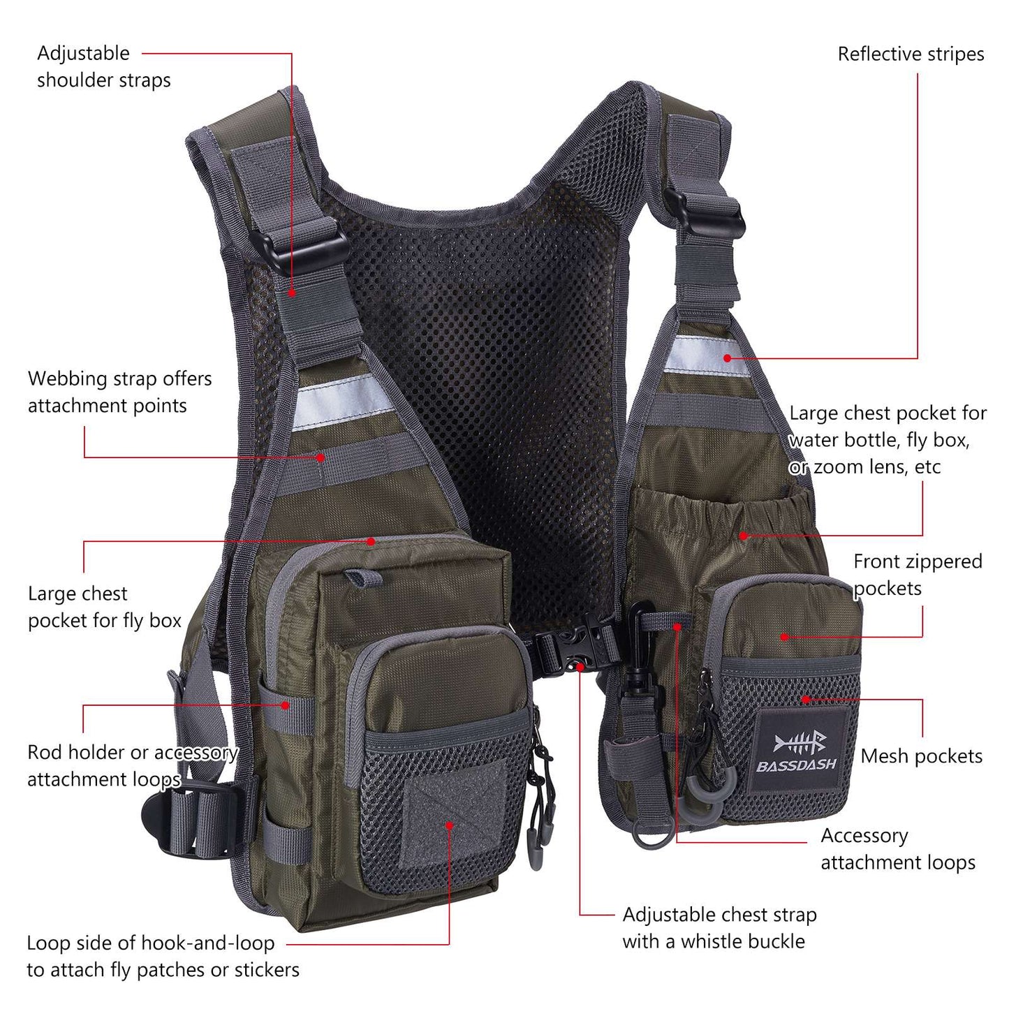 Colete de Pesca com Mosca Ultra Leve Bassdash FV08 para Homens e Mulheres, Colete de Peito Portátil Tamanho Único