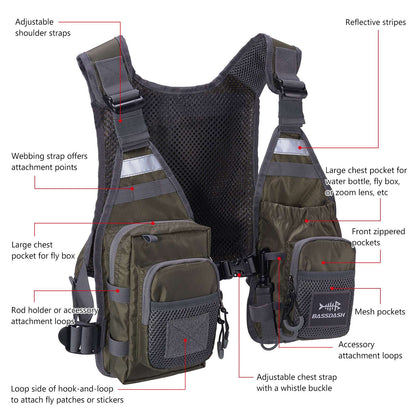 Colete de Pesca com Mosca Ultra Leve Bassdash FV08 para Homens e Mulheres, Colete de Peito Portátil Tamanho Único